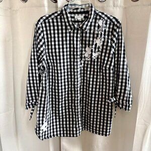 Western Womens Top Size XL Plaid Gingham Floral Embroider Button Up‎ Bow 17841